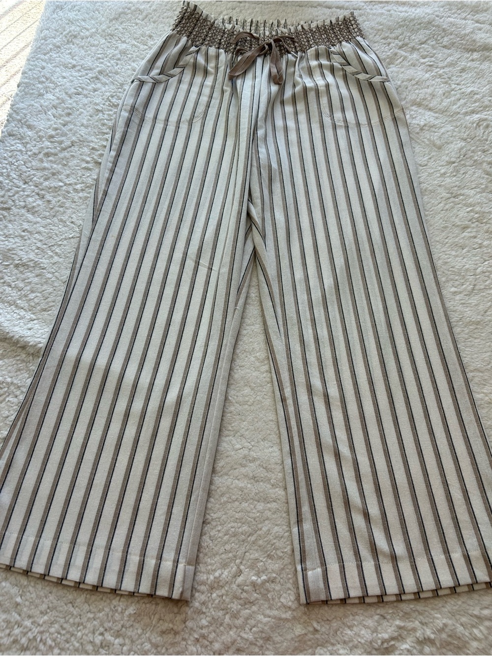 Ci Sono Cream and Brown Striped Smocked Waist Top